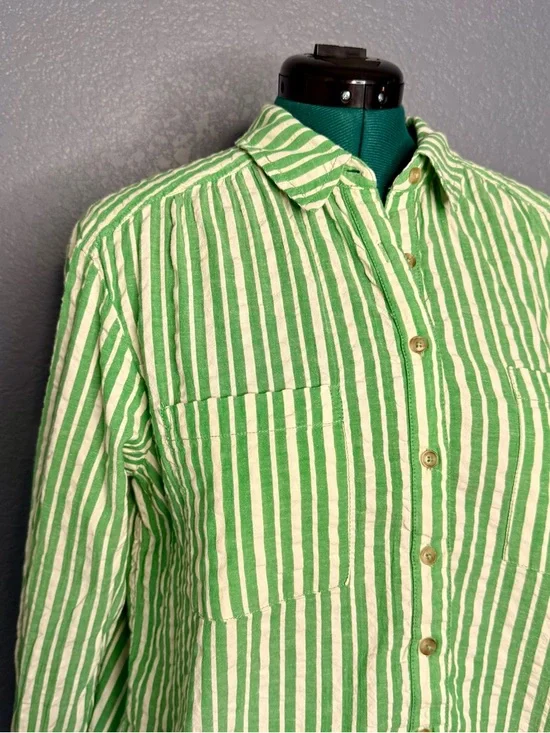 Pilcro Striped Button Down Shirt L Green White Cotton Long Sleeve - Picture 2 of 9